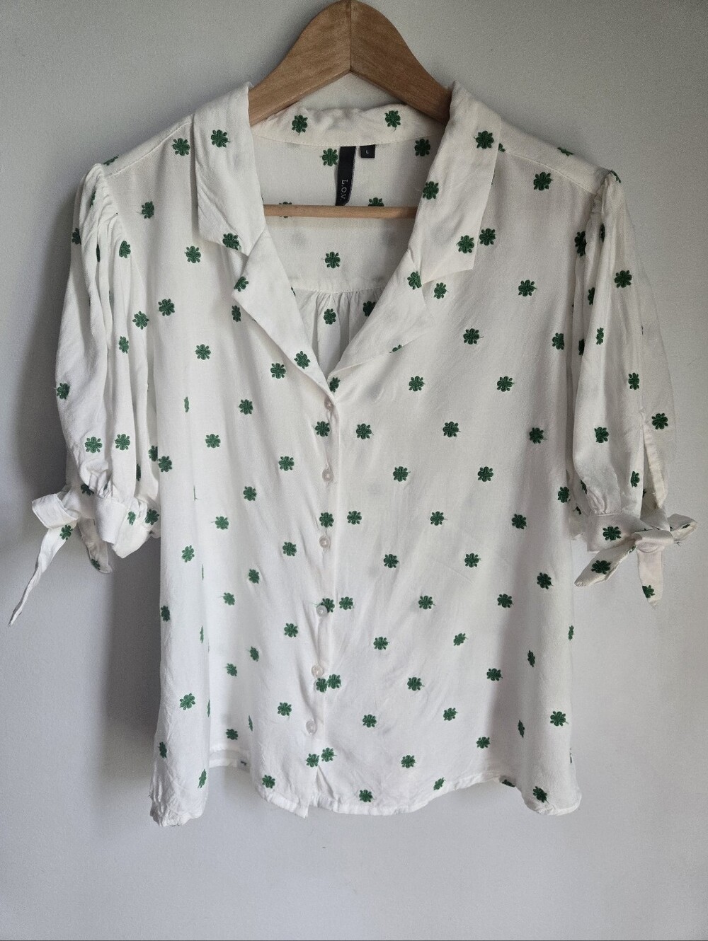 L.O.V. Cream Button-Front Blouse with Green Clover Embroideries
